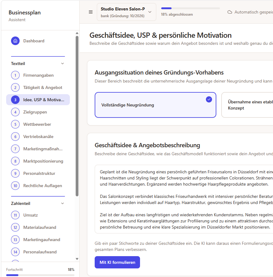 Easy Businessplan KI-Assistent für die Businessplan-Erstellung